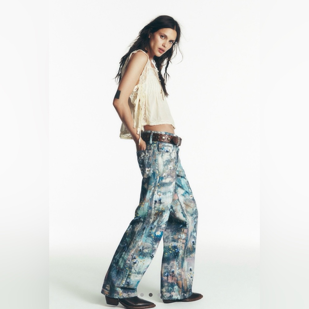 We The Free Gorgeous Blue Printed Straight Leg Jeans - Picture 3 of 11